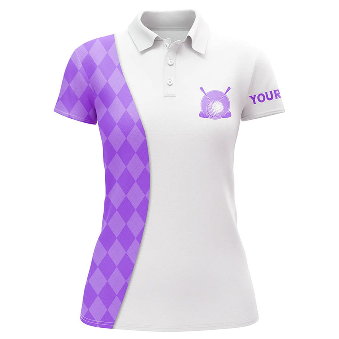 Custom White Womens Golf Polo Shirts Custom Purple Argyle Plaid Pattern Golf Tops, Ladies Golf Tops
