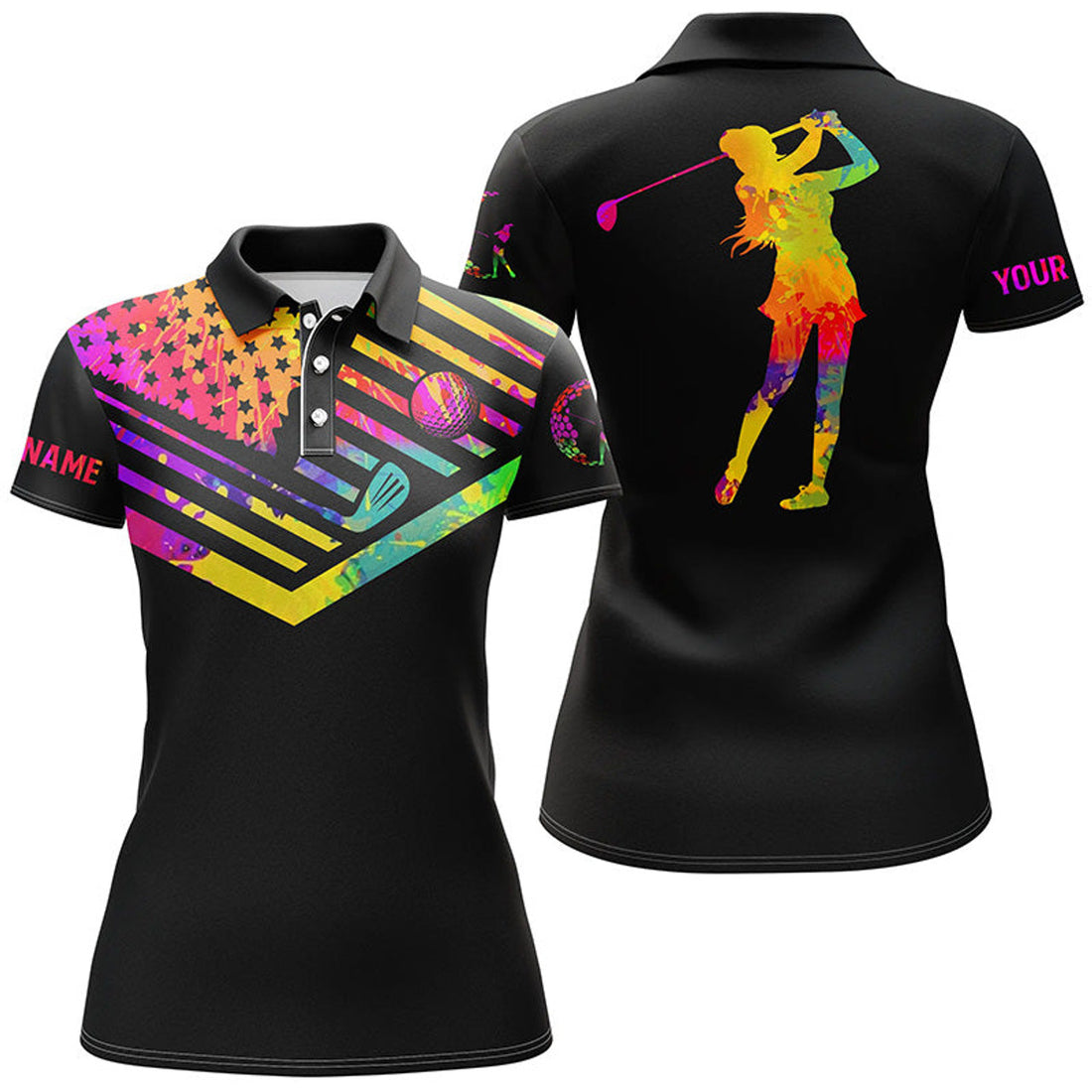 Custom Womens Golf Polo Shirt Watercolor American Flag Custom Name Black Golf Shirt