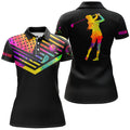 Custom Womens Golf Polo Shirt Watercolor American Flag Custom Name Black Golf Shirt