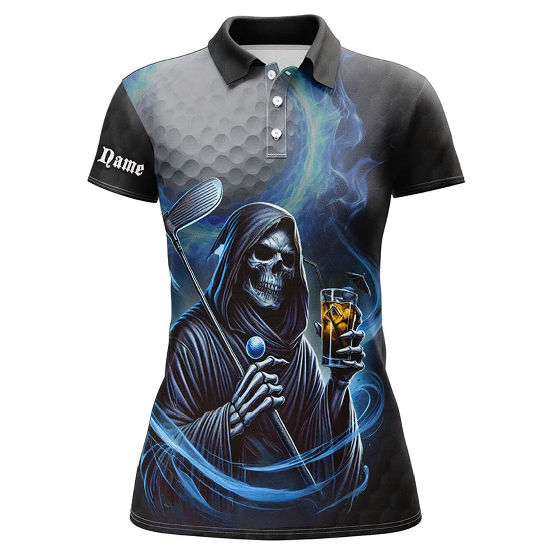 Custom Funny Blue Fire Reaper Golf Skull Custom Women Golf Polo Shirts, Personalized Funny Golf Gifts