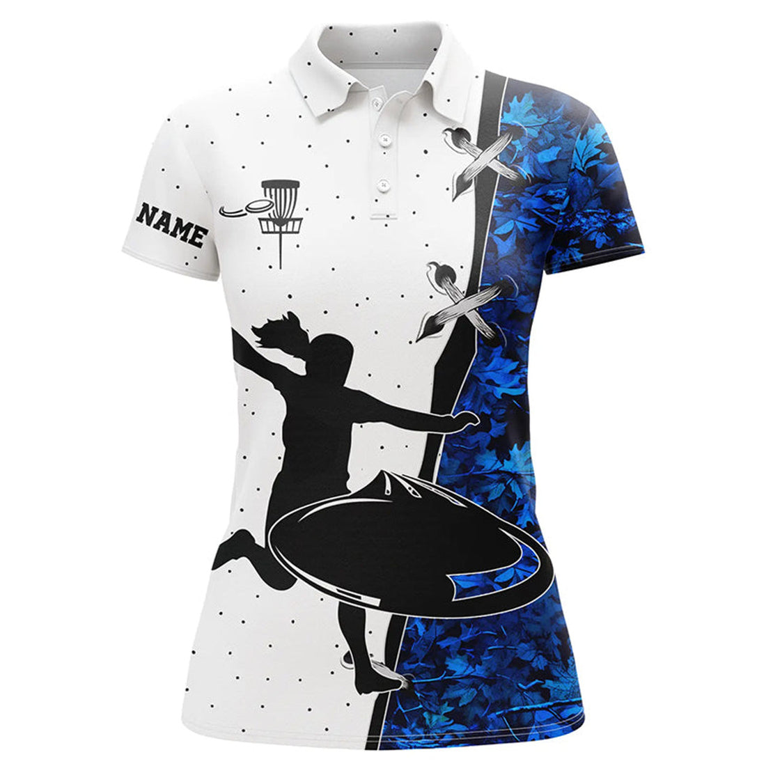 Custom Womens Disc Golf Polo Shirts Custom Name Blue Camouflage Disc Golf Team Shirts, Disc Golf Gifts