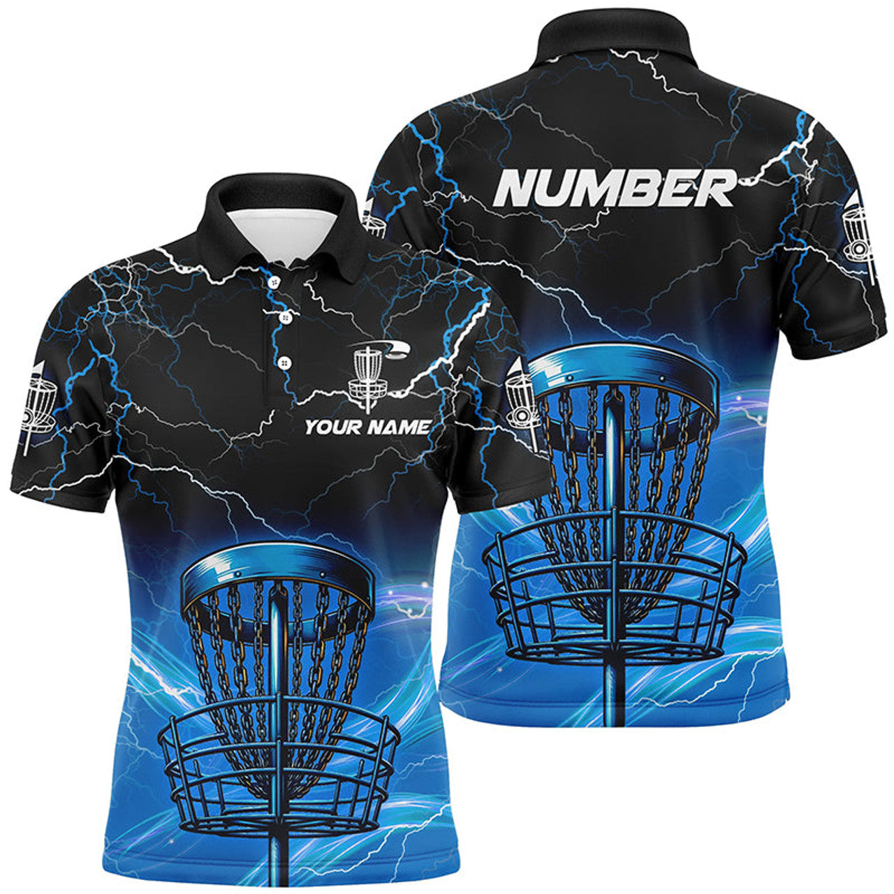 Custom Blue light lightning thunder Disc golf basket Men polo shirts custom disc golf tops for mens