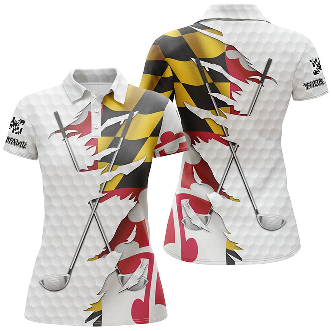 Custom Personalized Womens Golf Polos Shirt White Golf Ball Skin Maryland Flag Patriot Ladies Golf Apparel