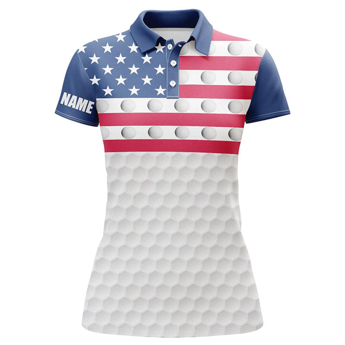 Custom American Flag Women Golf Polo Shirts Custom White Golf Ball Pattern Patriotic Female Golf Attire