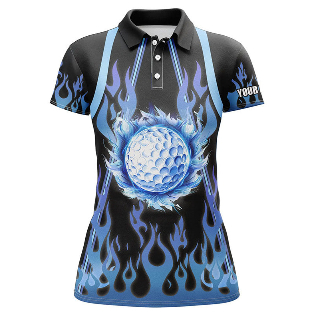 Custom Women Golf Polo Shirts Custom Black And Blue Flame Golf Ball Golf Outfits For Ladies