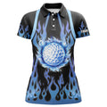 Custom Women Golf Polo Shirts Custom Black And Blue Flame Golf Ball Golf Outfits For Ladies