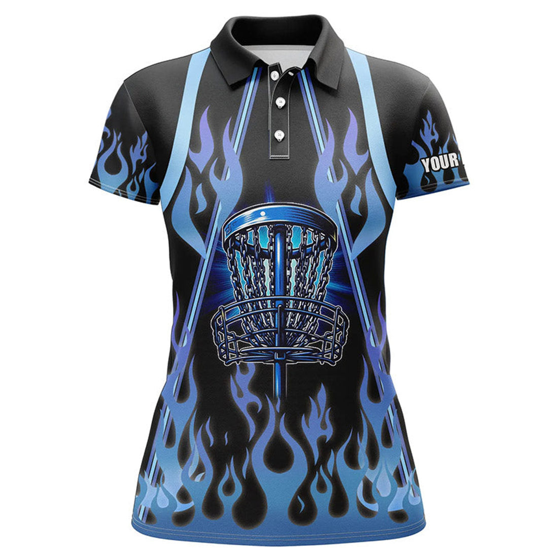 Custom Women Disc Golf Polo Shirts Blue Flame Disc Golf Basket Custom Disc Golf Jerseys
