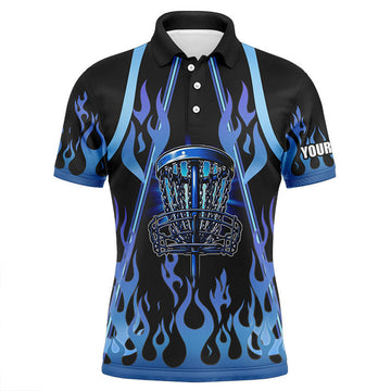 FUNSTUFFPRINT Mens disc golf polo shirts blue flame disc golf basket custom disc golf Polo Shirt Size S-5XL