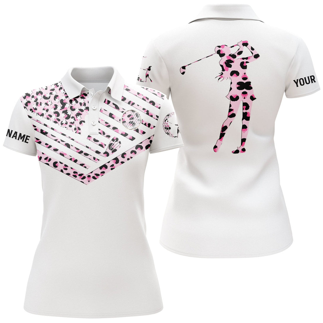 Custom Womens Golf Polo Shirt Pink Leopard American Flag Custom Name White Golf Shirt