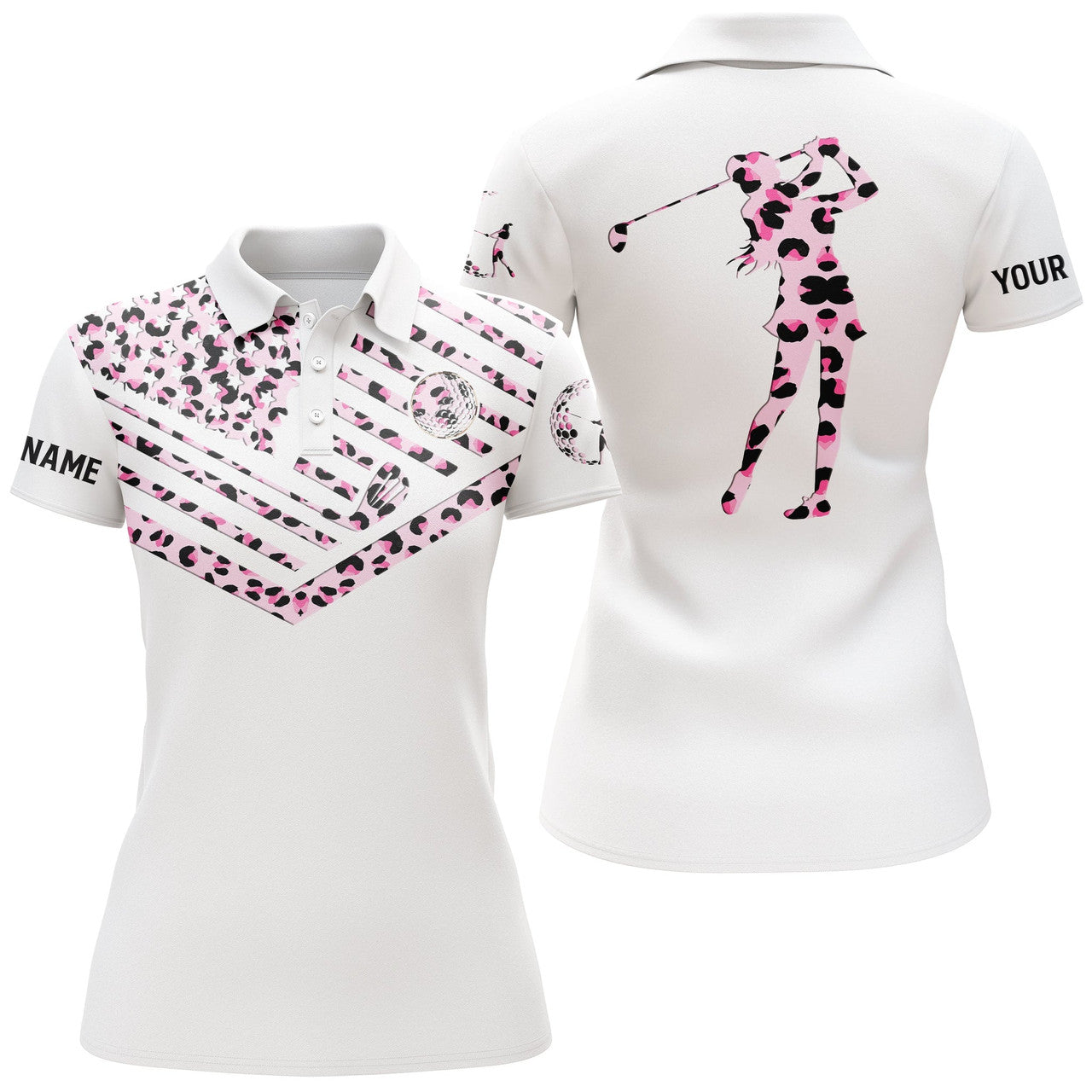 Custom Womens Golf Polo Shirt Pink Leopard American Flag Custom Name White Golf Shirt