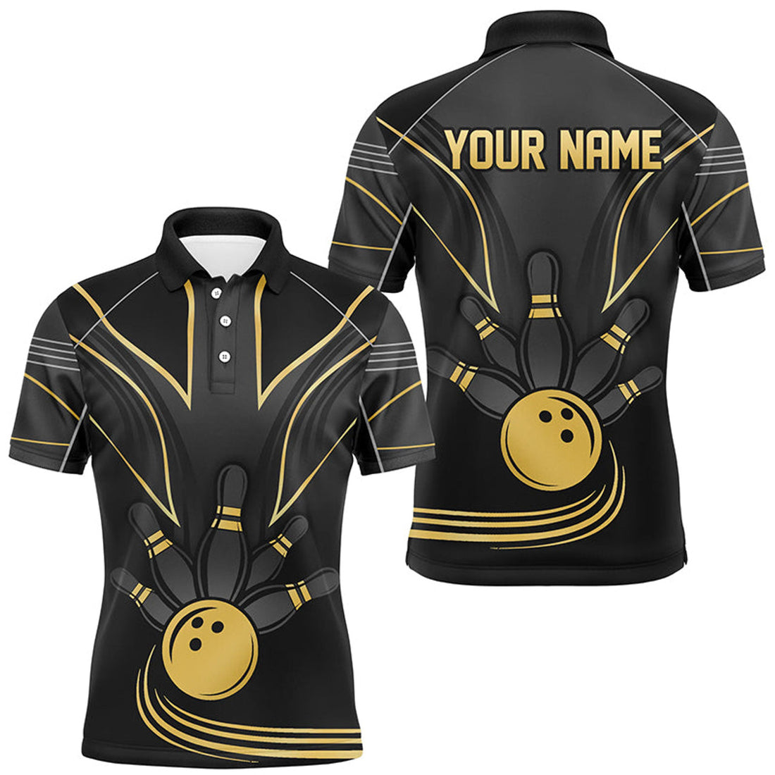 Personalized Men Bowling Polo Black And Gold Men Bowlers Custom Team Bowling Jersey