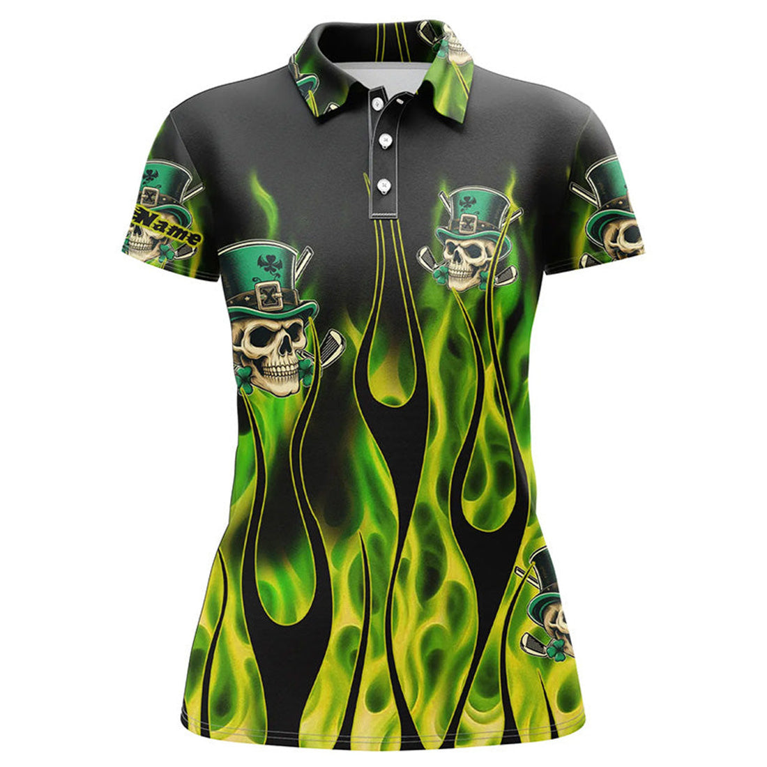 Custom Women Golf Polo Shirts Green Clover Skull St Patrick's Day Golf Shirts Custom Green Fire Golf Apparel