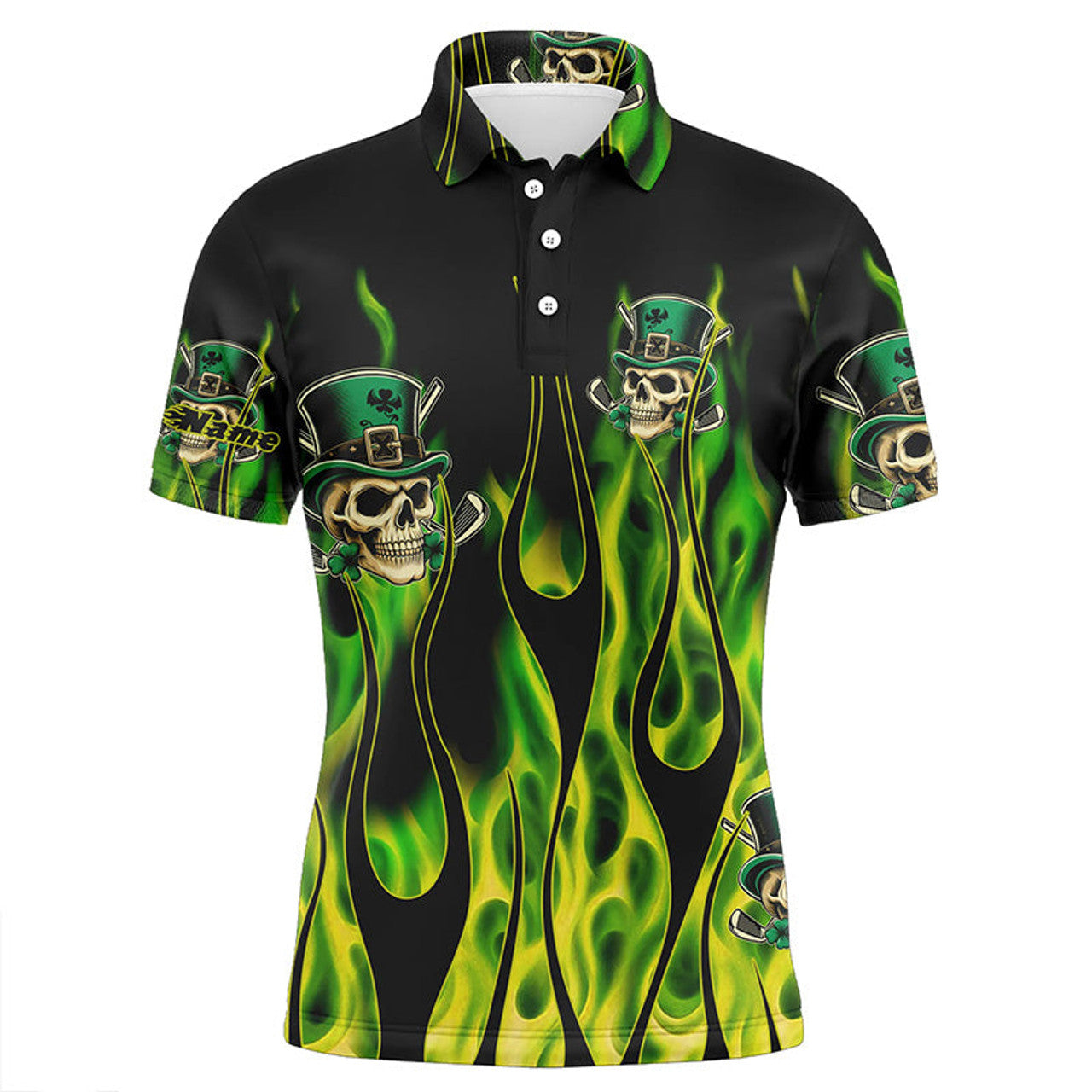 FUNSTUFFPRINT Mens golf polo shirts Green clover skull St Patrick's Day golf shirts custom green fire golf apparel Polo Shirt Size S-5XL