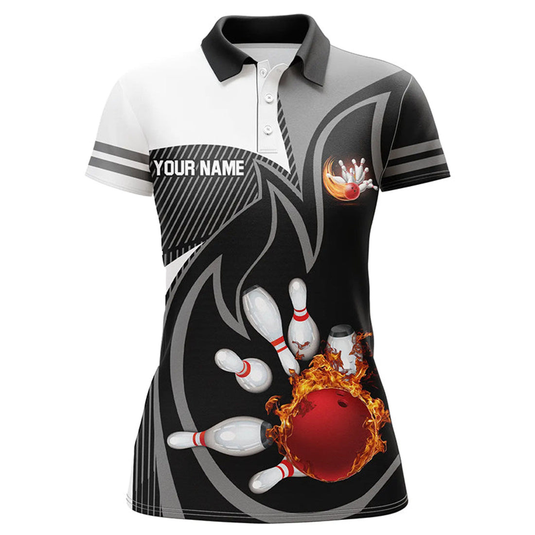 Custom Black and White Bowling polo Shirt for women Custom red flame team bowling ball and pins Jerseys