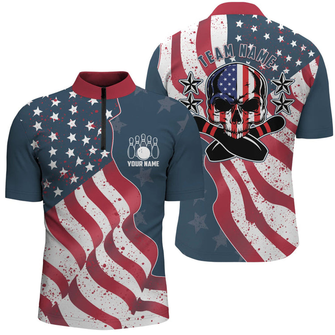 Custom Patriotic Men's Bowling Jersey Shirt, Custom Name Team Men Bowlers Jersey American Flag