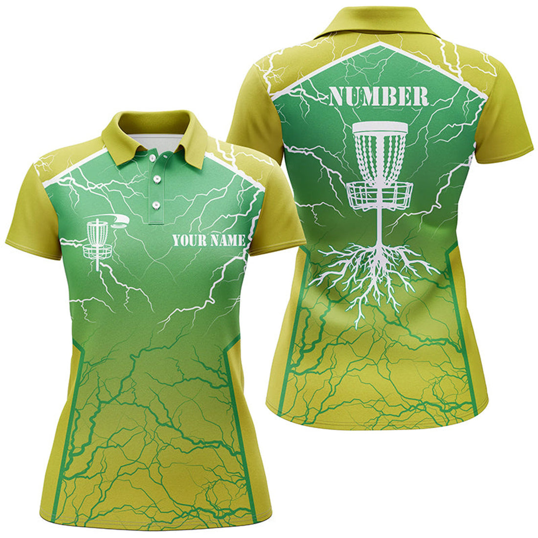 Custom Yellow green Womens Disc golf polo shirt lightning thunder custom disc golf jersey, frisbee golf shirt