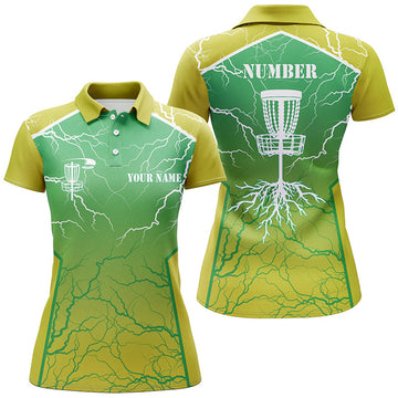 Custom Yellow green Womens Disc golf polo shirt lightning thunder custom disc golf jersey, frisbee golf shirt