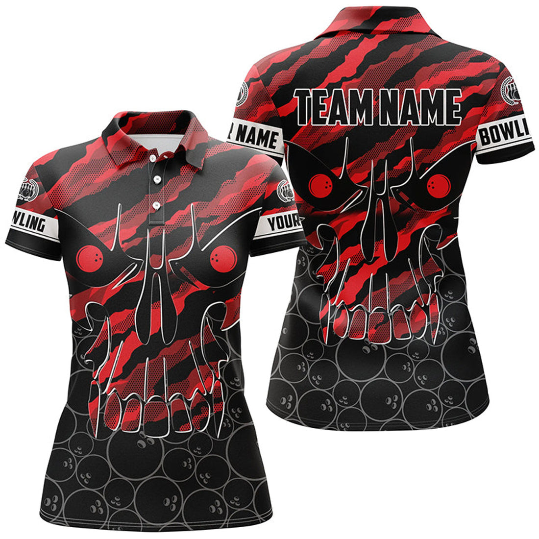 Custom Personalized Skull Bowling polo Shirt for women Custom Team's Name Red camo Bowler Jerseys