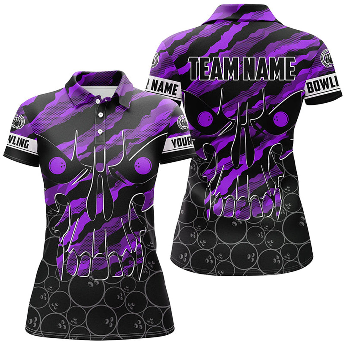 Custom Personalized Skull Bowling Polo Shirt For Women Custom Team's Name Purple Camo Bowler Jerseys