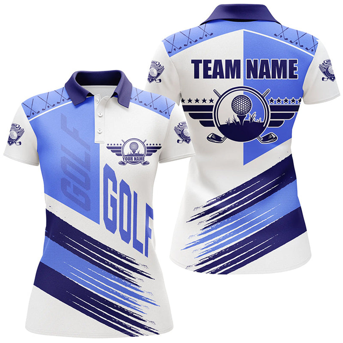 Custom Blue And White Golf Clubs Women Golf Polo Shirts Custom Team Golf Shirts, Golf Attire For Ladies