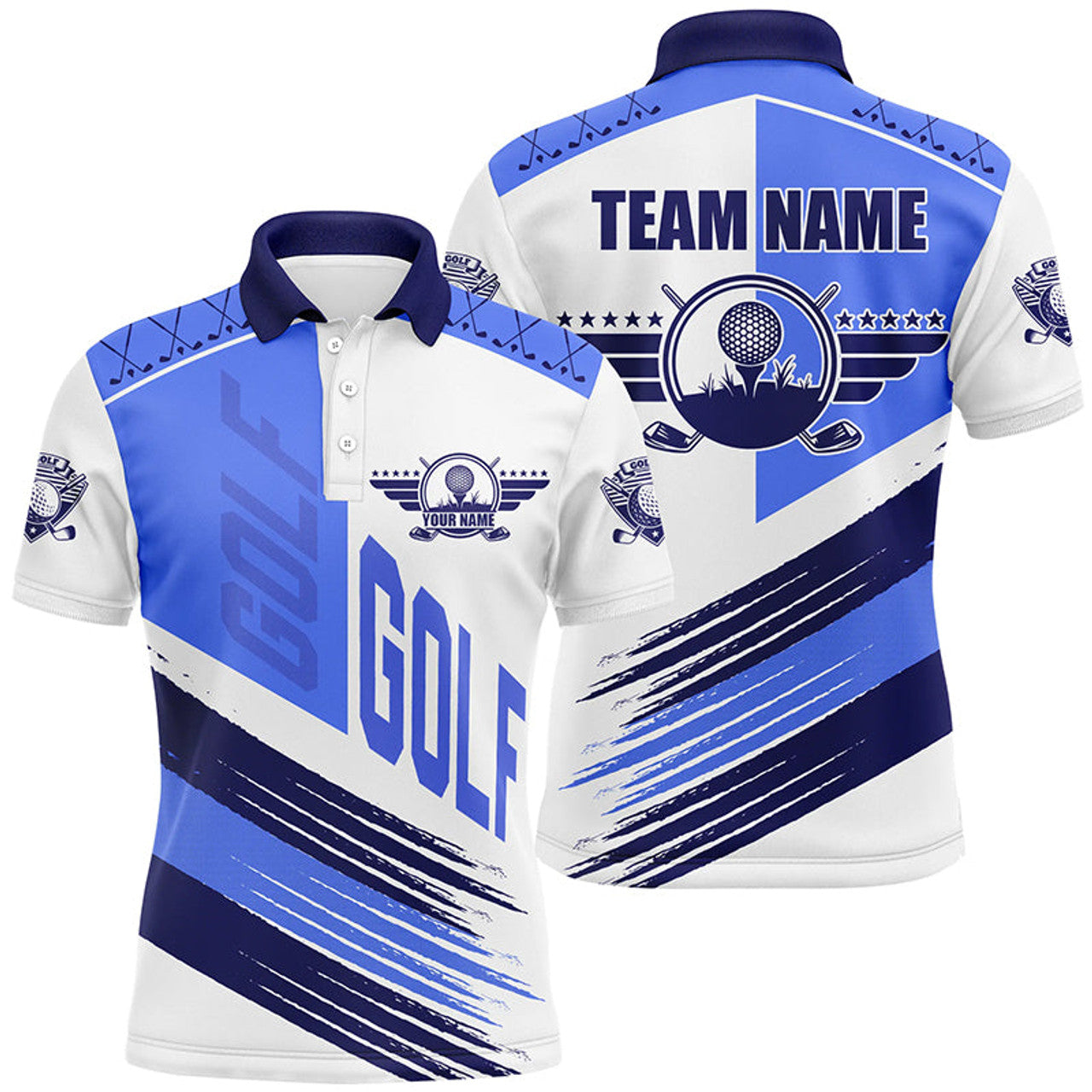 Custom Blue and white golf clubs Mens golf polo shirts custom team golf shirts, golf attire for men