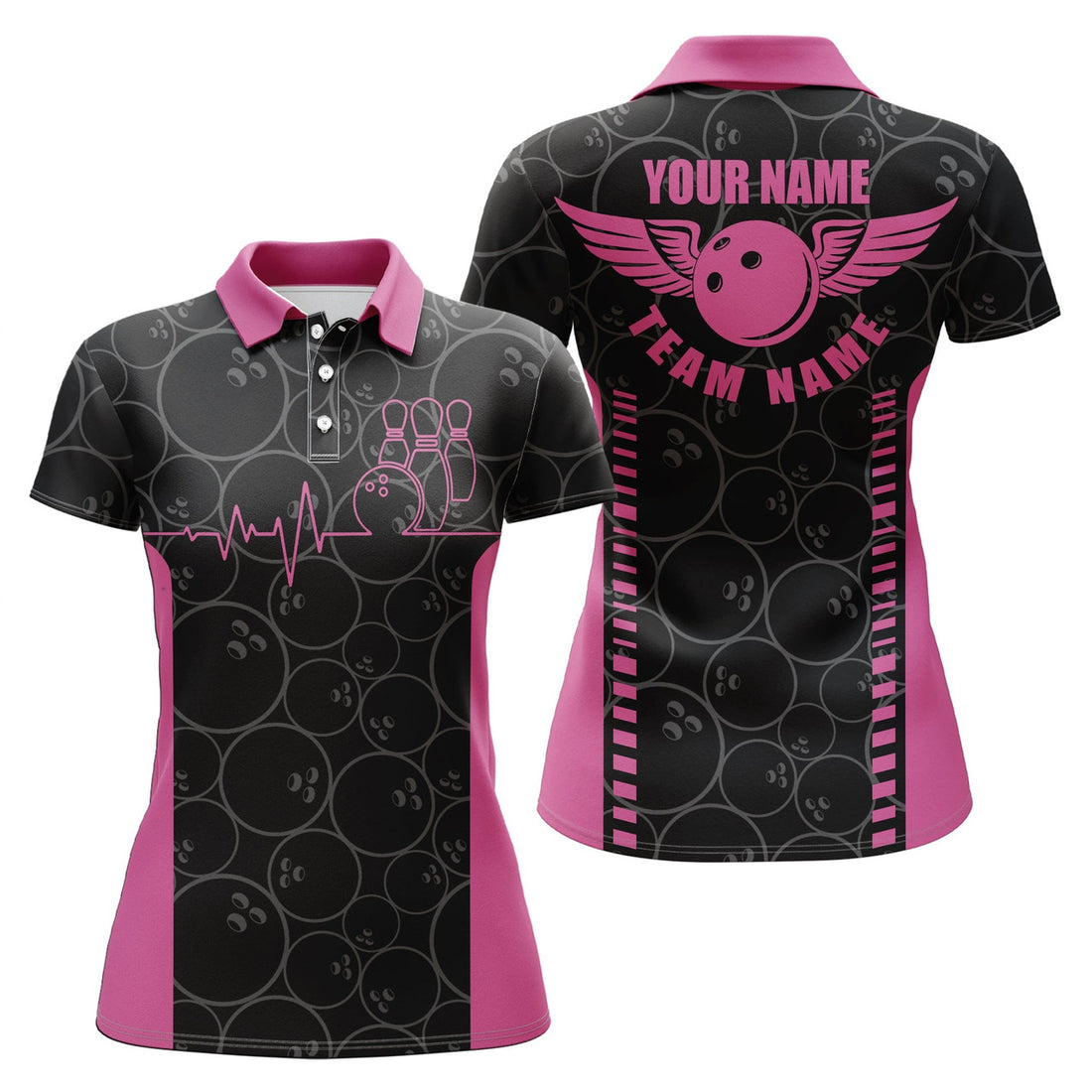 Custom Funny Heartbeat Pulse Line Pink Polo Shirts For Women, Personalized Bowling Team Jerseys
