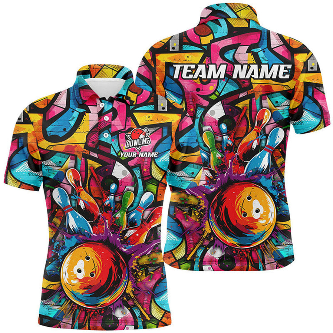Custom Bowling And Pins Colorful Graffiti Pattern Customized Name, Team Name 3D Jersey Shirt For Men