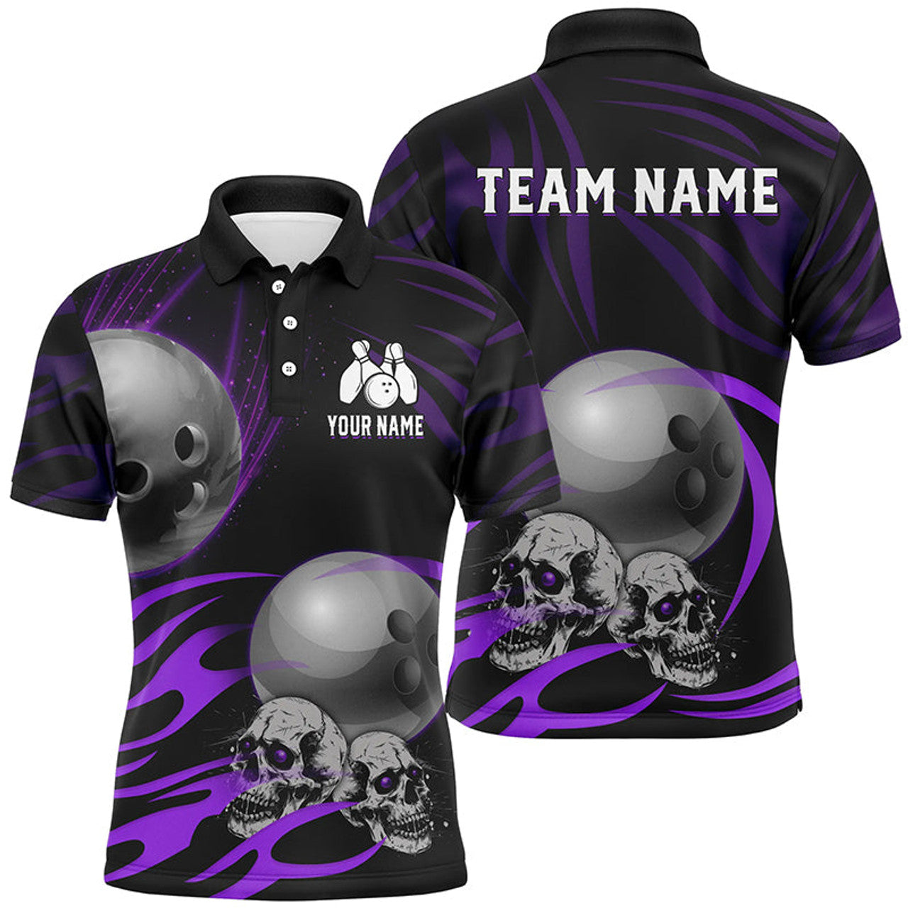 Custom Black Men Bowling polo, quarter zip shirt Custom Skull bowling ball Men's Team League Jersey | Purple
