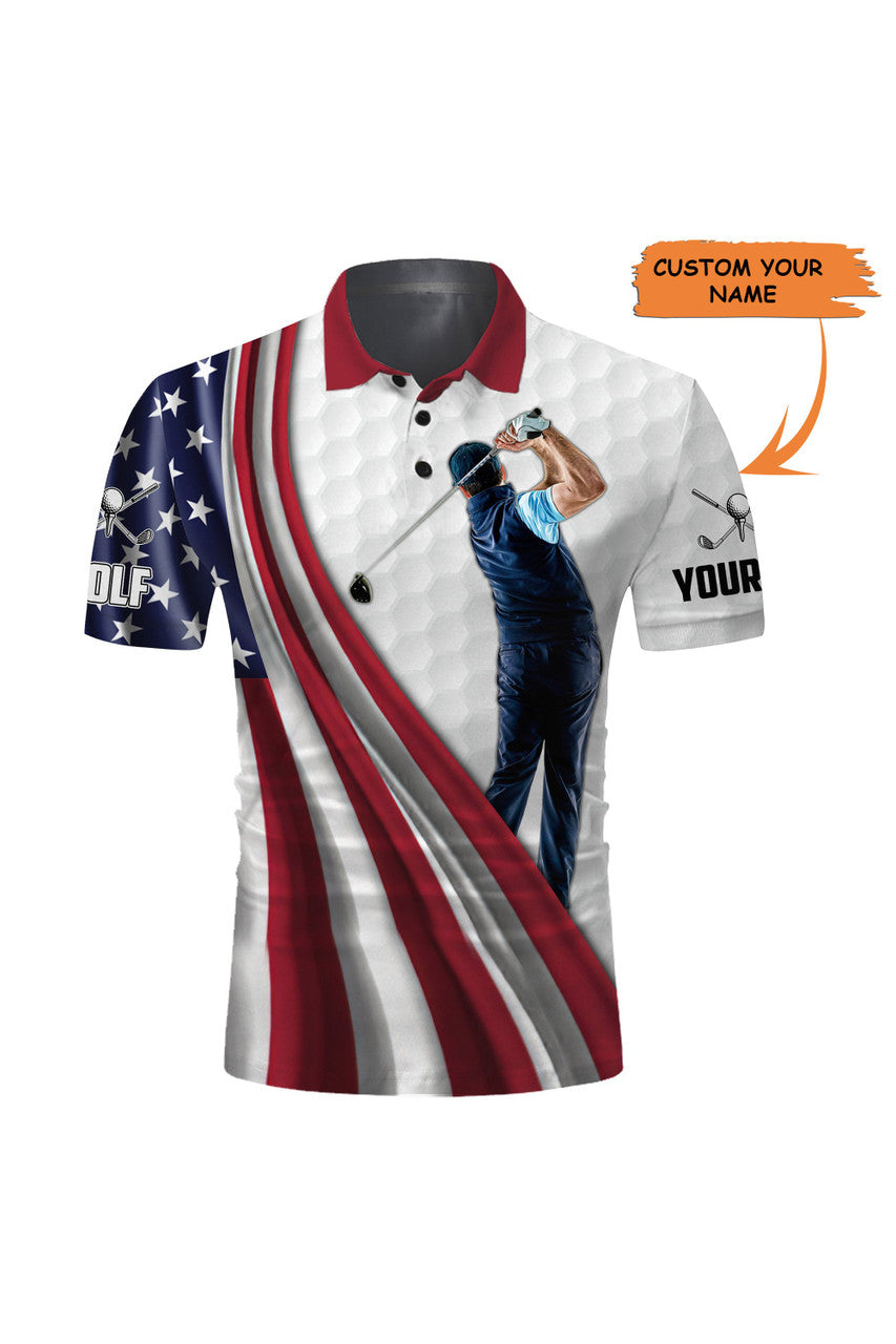 Custom Golf Men Polo Shirt - Custom Name White Golf American Flag 4th July Apparel - Personalized Sports Gift For Golf Lover, Male, Patriotic