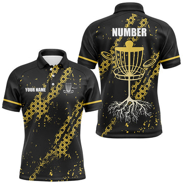 FUNSTUFFPRINT Black and Yellow Hexagon Pattern Mens Disc golf polo shirts custom Polo Shirt Size S-5XL