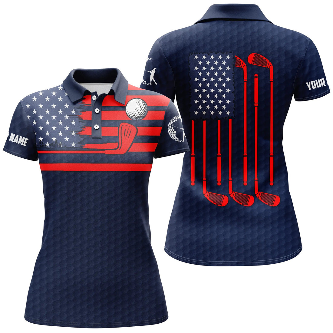 Custom American Flag Patriotic Womens Golf Polo Shirt Custom Name Blue Golf Polo Shirt, Unique Golf Gifts