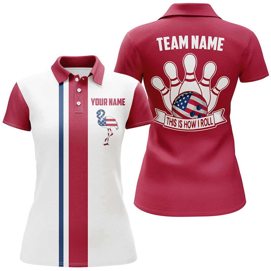 Custom Retro Bowling Polo Shirt For Women Custom Patriotic American Flag Flamingo Bowling Jerseys