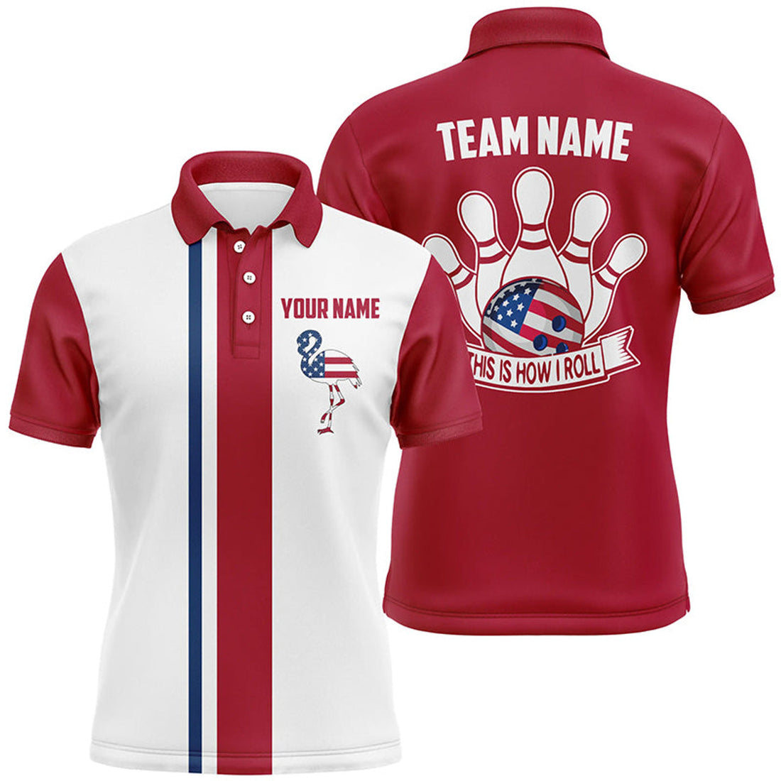 Custom Retro Bowling Polo Shirts For Men Custom Patriotic American Flag Flamingo Bowling Jerseys