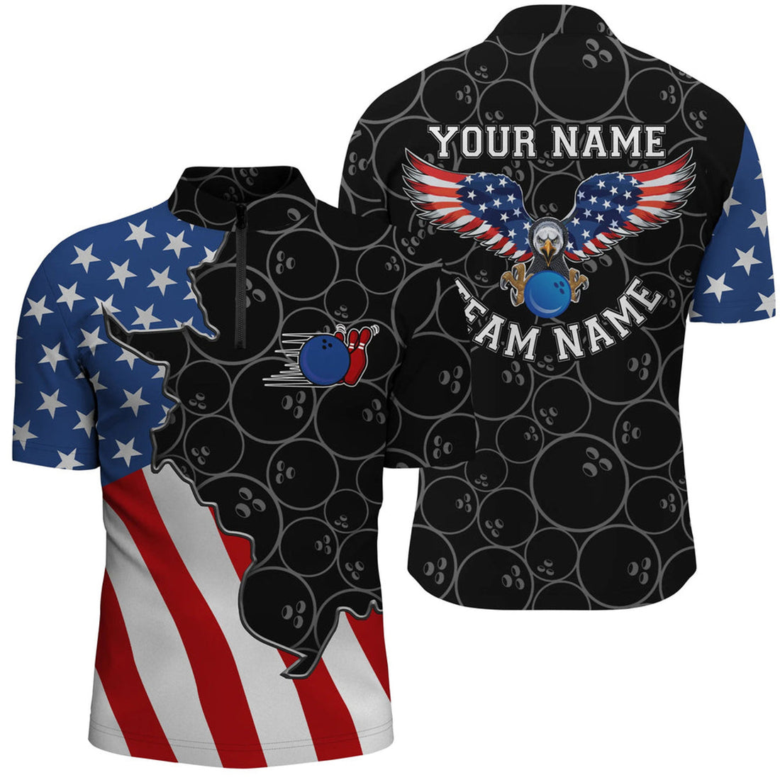 Custom American flag patriotic retro Bowling Quarter Zip shirts for men custom black Bowling team jerseys