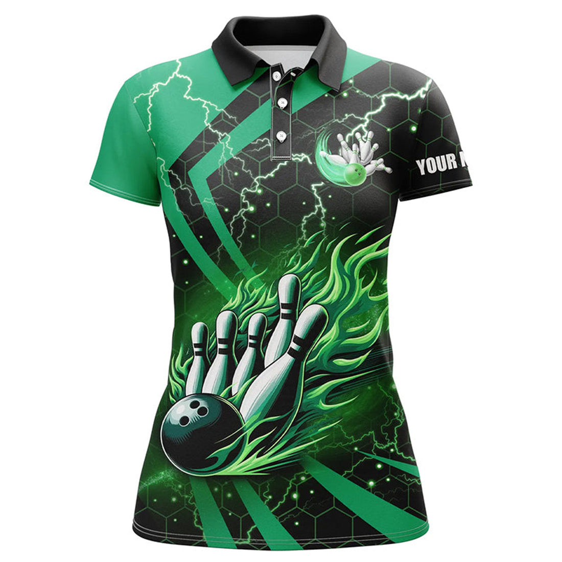 Custom Black And Green Flame Bowling Custom Womens Bowling Polo Shirts, Team Bowling Jerseys, Bowl Gifts