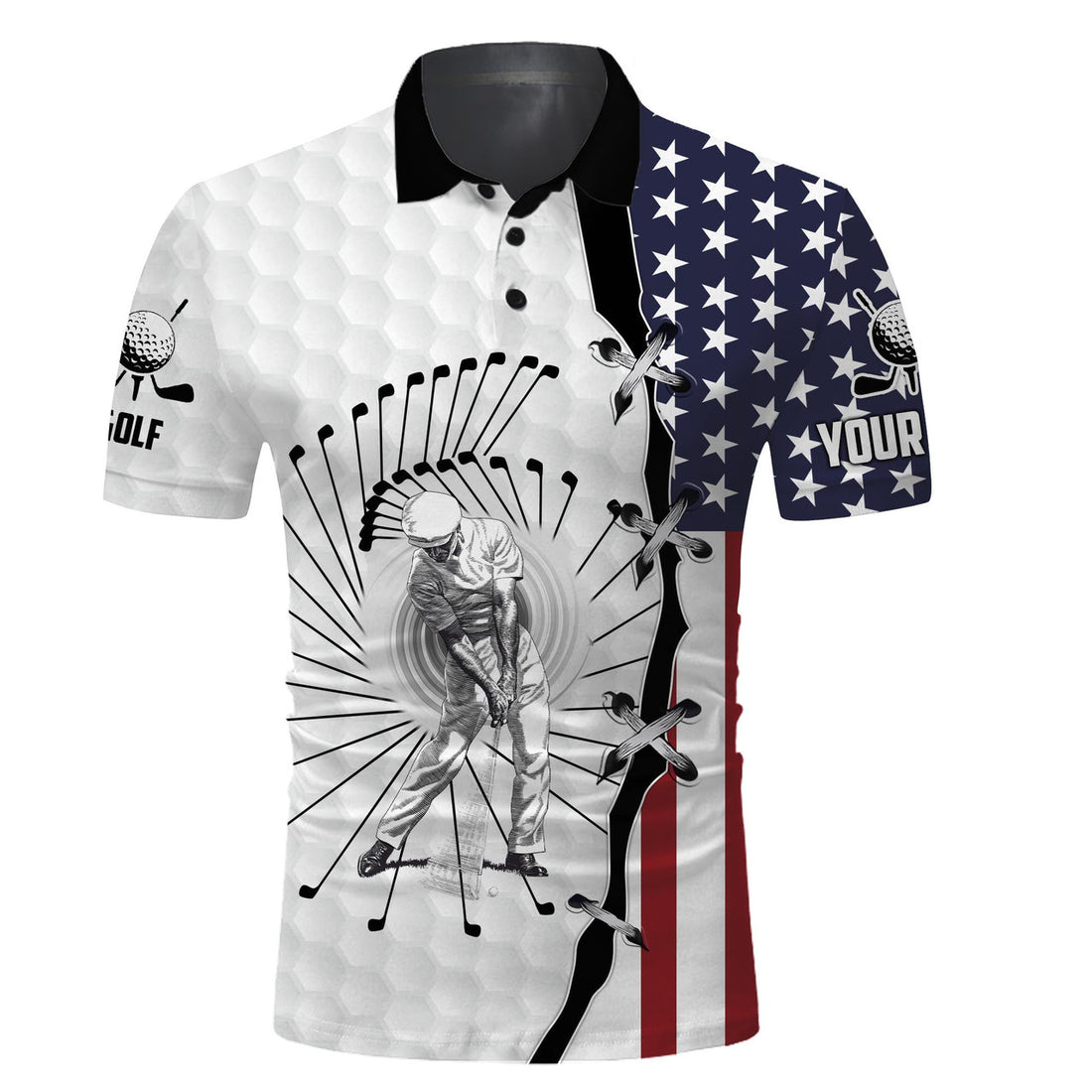 FUNSTUFFPRINT American Flag Men'S Long Sleeve Golf Polo Shirts, Custom Golf Polo Shirts For Polo Shirt Size S-5XL