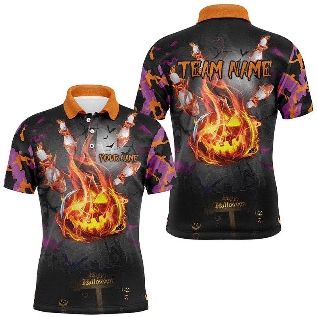 FUNSTUFFPRINT Funny Flame pumpkin Men bowling Polo, Custom Halloween camo Bowling Team Polo Shirt Size S-5XL