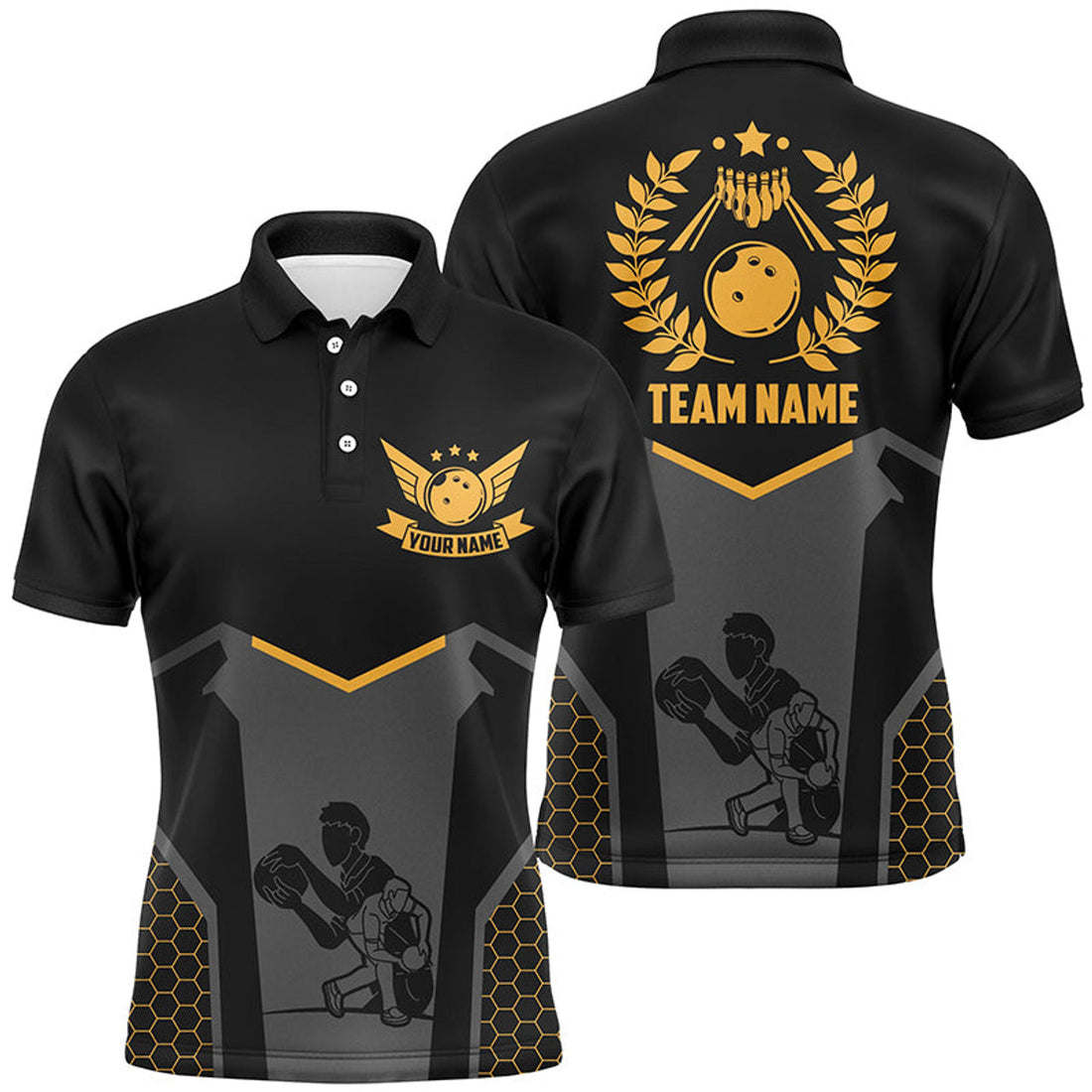 FUNSTUFFPRINT Black Bowling Jersey For Men Custom Retro Bowling Polo Shirt Size S-5XL