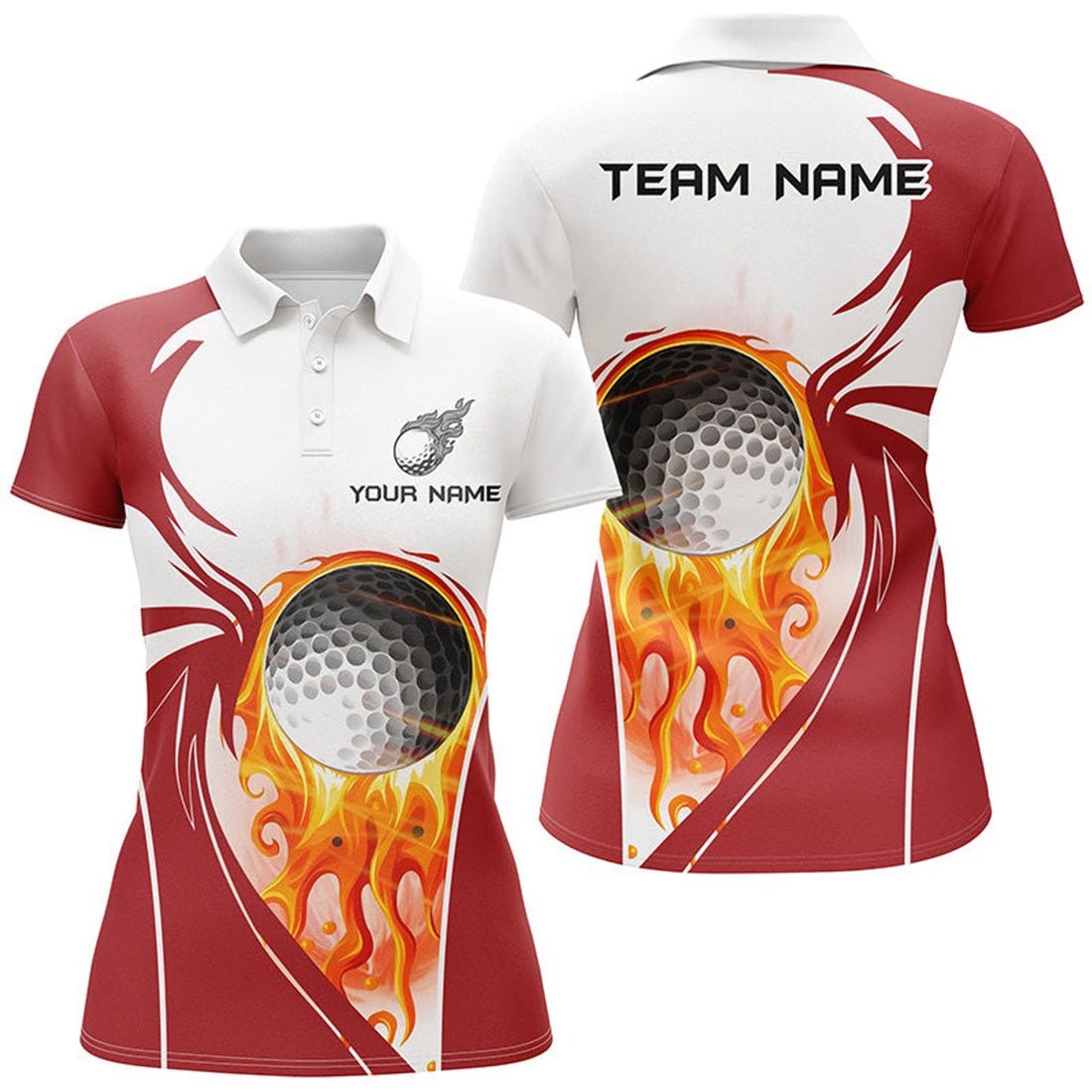 Custom Womens Golf Polo Shirt Custom Golf Ball Fire Female Golf Attire For Women, Ladies Golf Tops | Red