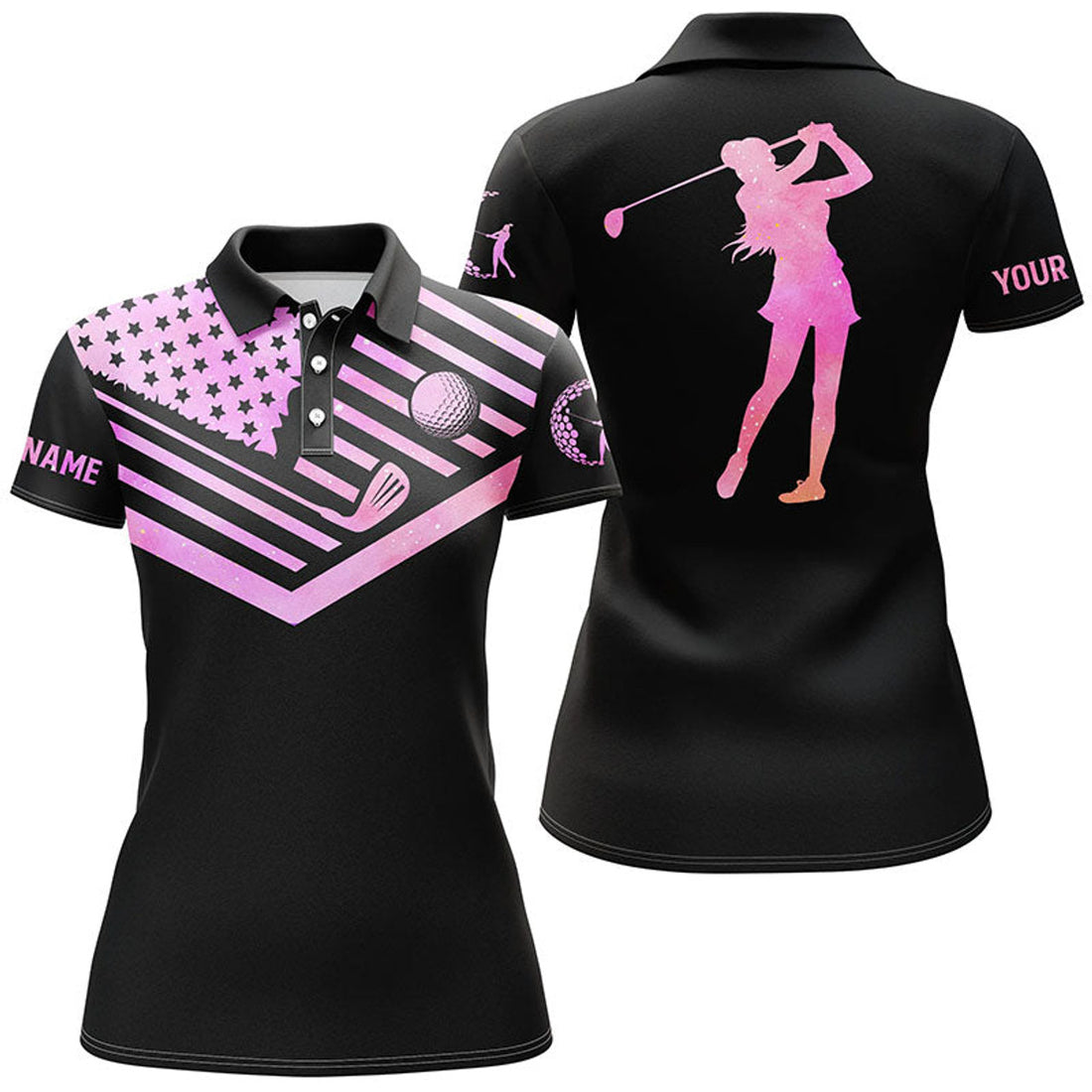 Custom Womens Golf Polo Shirt Pink Watercolor American Flag Custom Black Golf Shirt