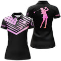 Custom Womens Golf Polo Shirt Pink Watercolor American Flag Custom Black Golf Shirt
