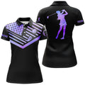 Custom Womens Golf Polo Shirt Purple Watercolor American Flag Custom Name Black Golf Shirt