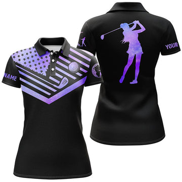 Custom Womens Golf Polo Shirt Purple Watercolor American Flag Custom Name Black Golf Shirt