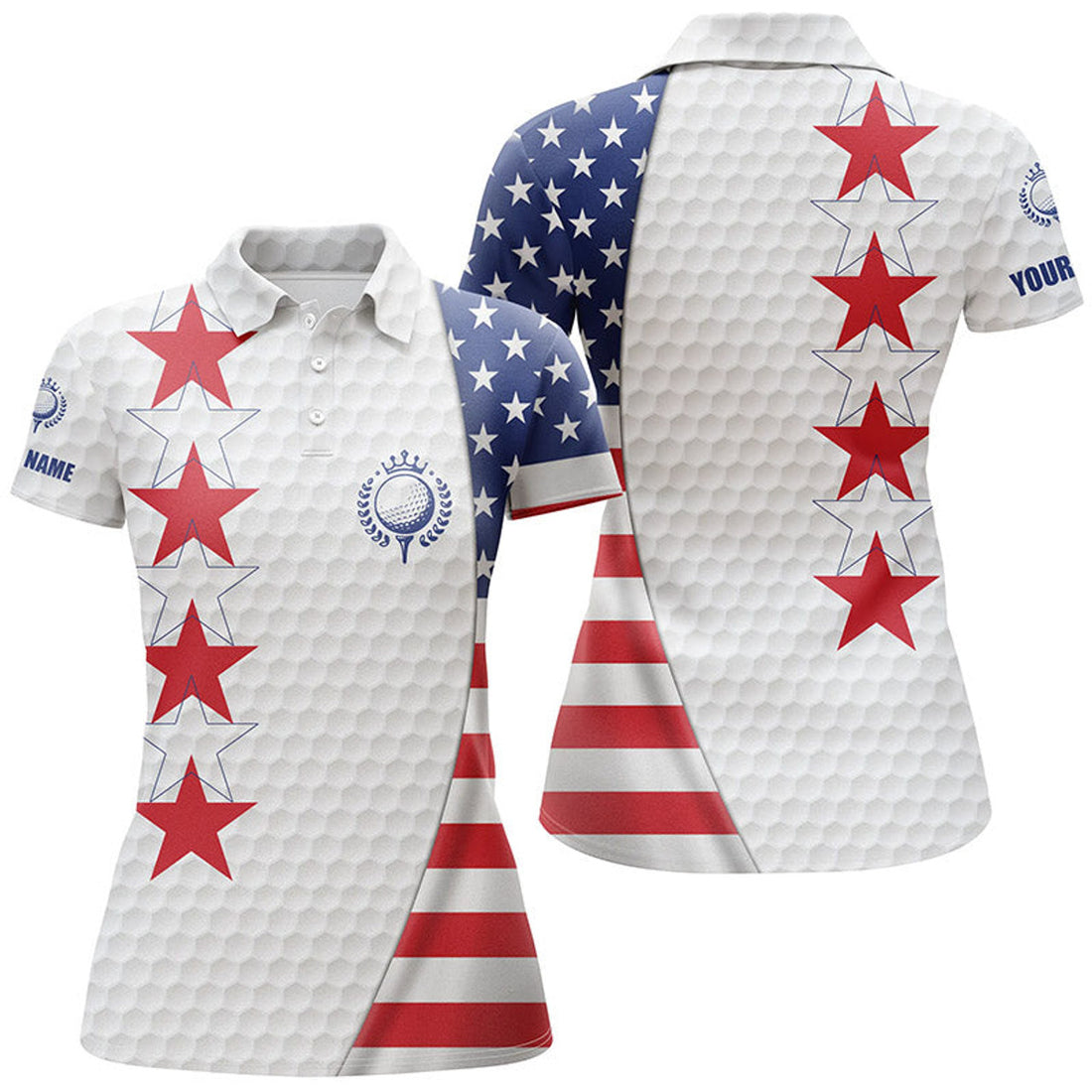 Custom American Flag Womens Golf Polo Shirt Custom Patriotic White Golf Ball Skin Shirt For Ladies
