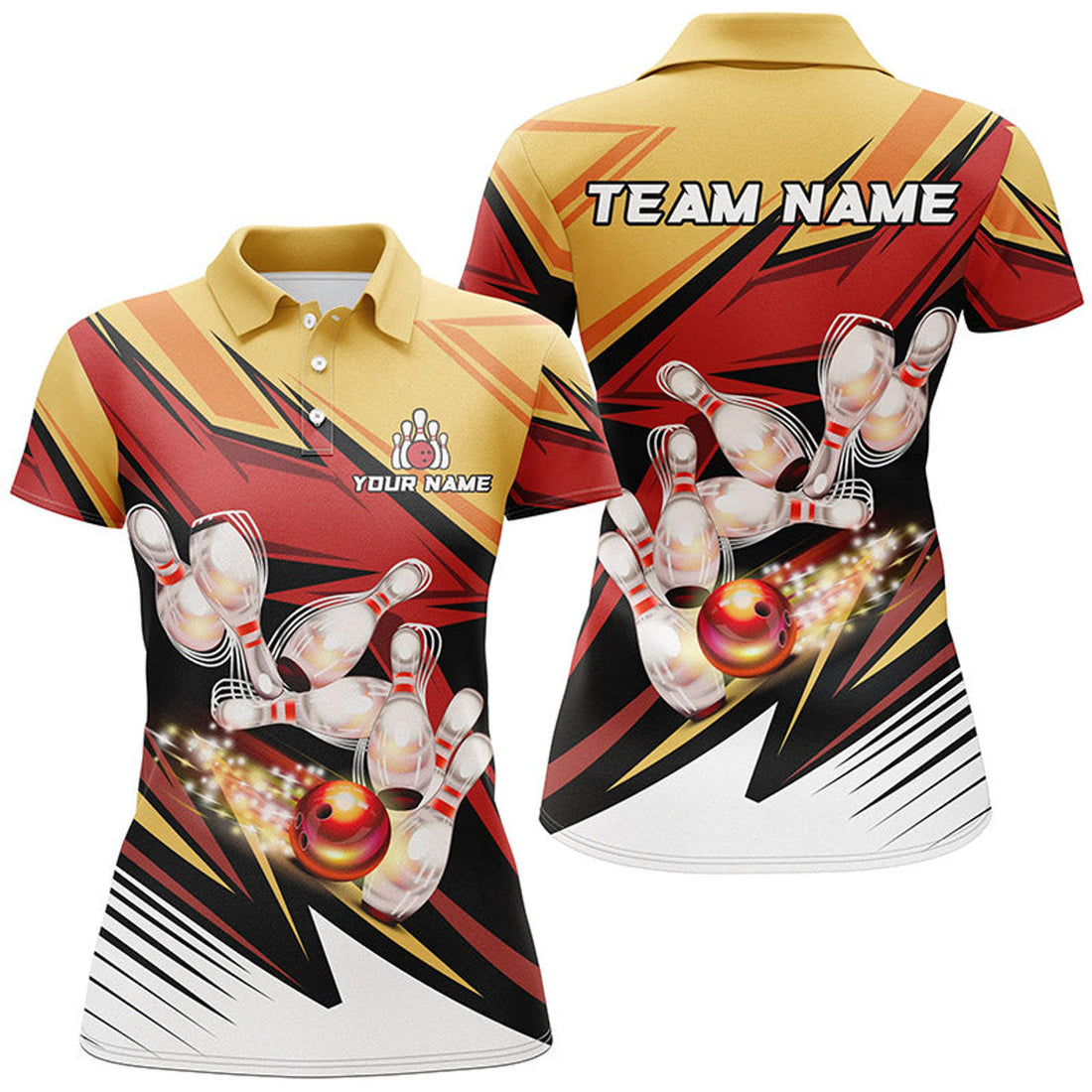Custom Yellow and Red Camo Bowling Polo for Women Custom bowling team jerseys, bowl gifts