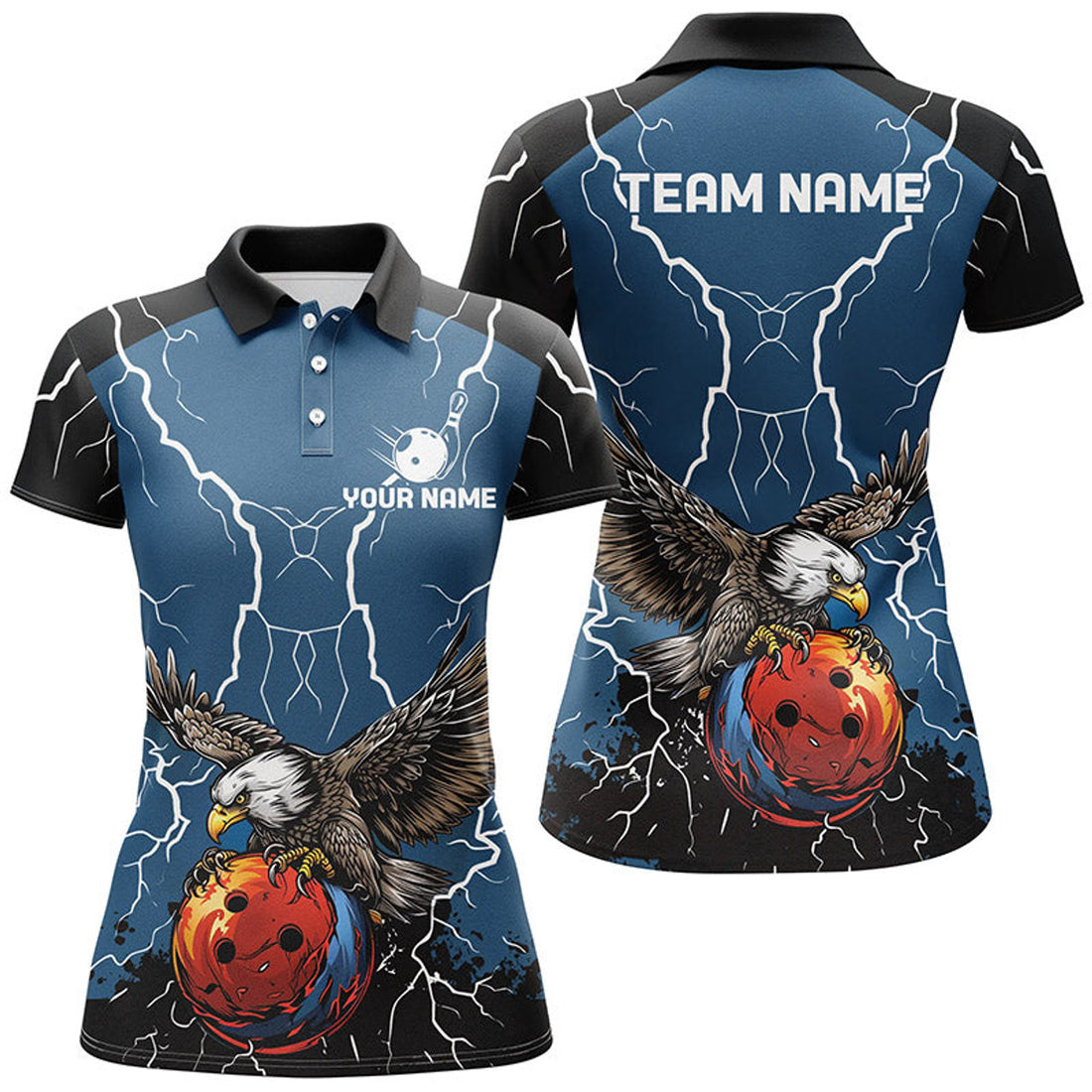 Custom Women Bowling Polo, Custom Eagle Bowling Lightning Storm Team League Jerseys | Blue