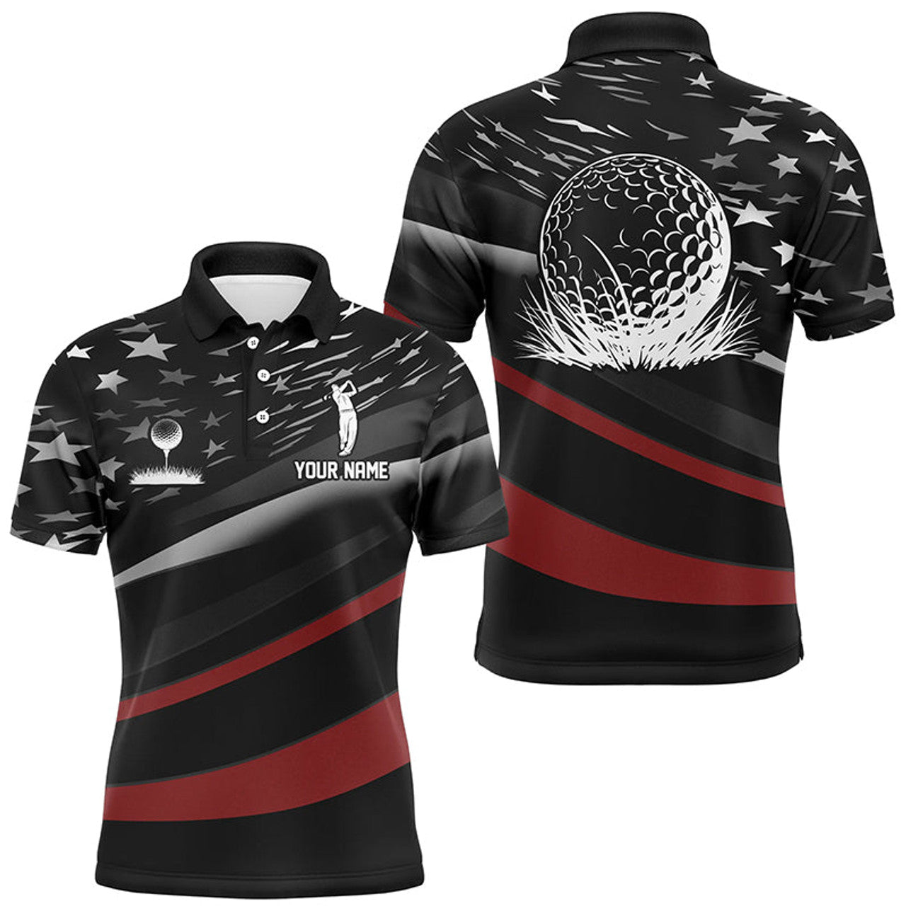 FUNSTUFFPRINT Black American flag custom patriotic Mens golf Polo Shirt Size S-5XL