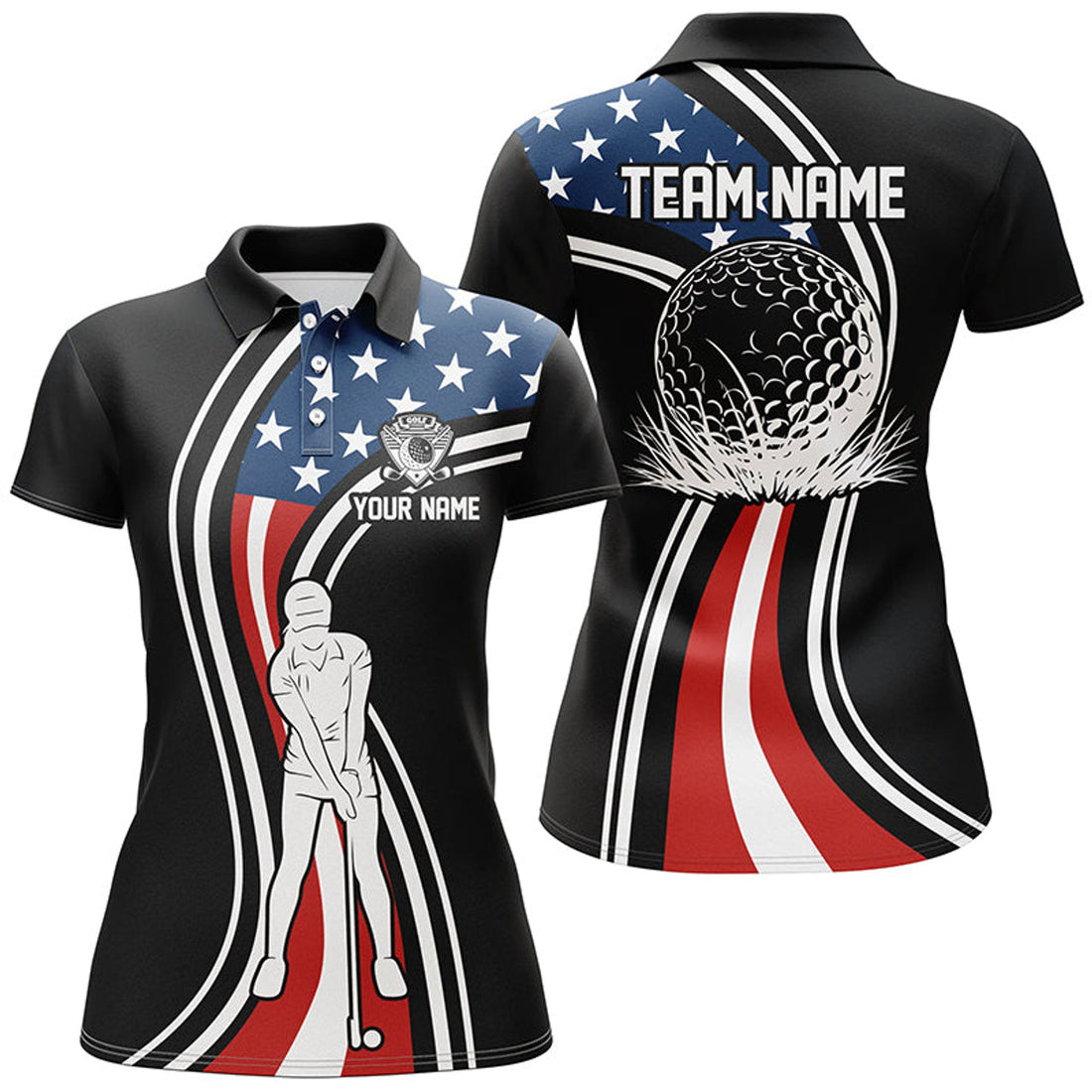 Custom Black American Flag Custom Womens Golf Polo Shirts, Personalized Patriot Golf Gifts For Ladies