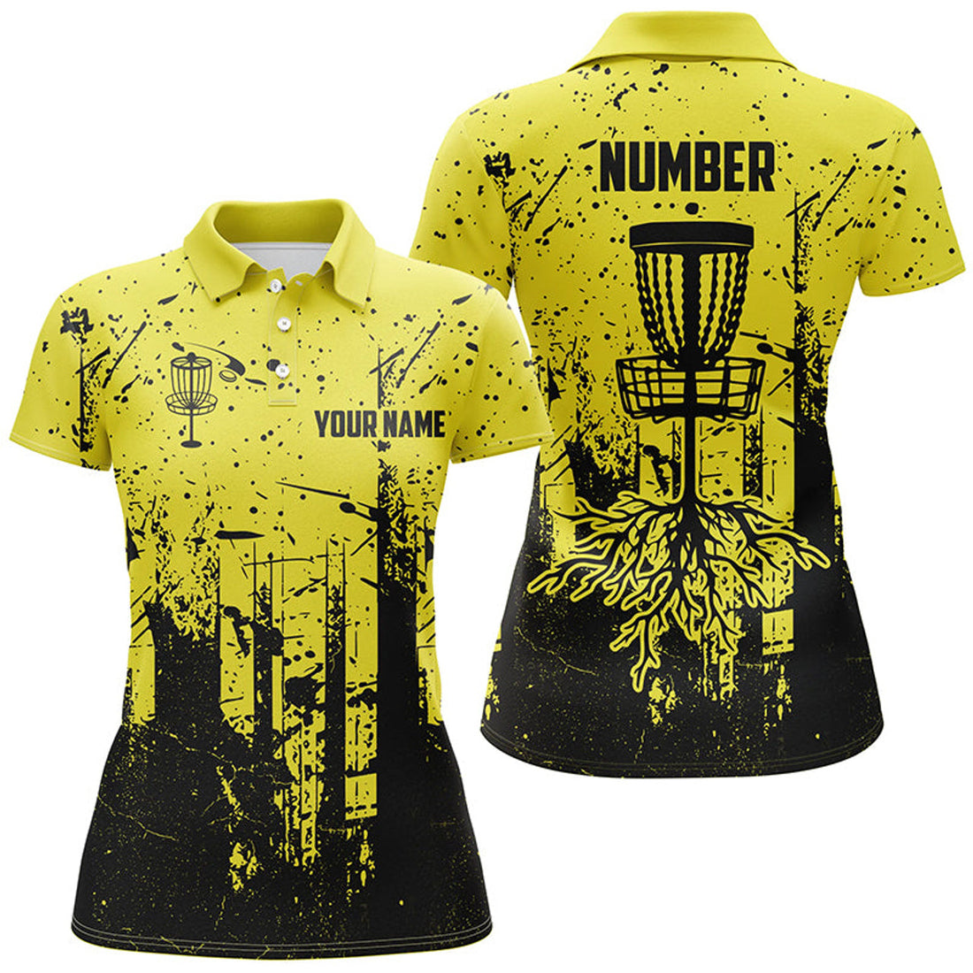 Custom Black & Yellow Grunge Pattern Women Disc Golf Polo Shirt Custom Disc Golf Jerseys, Frisbee Golf Attire