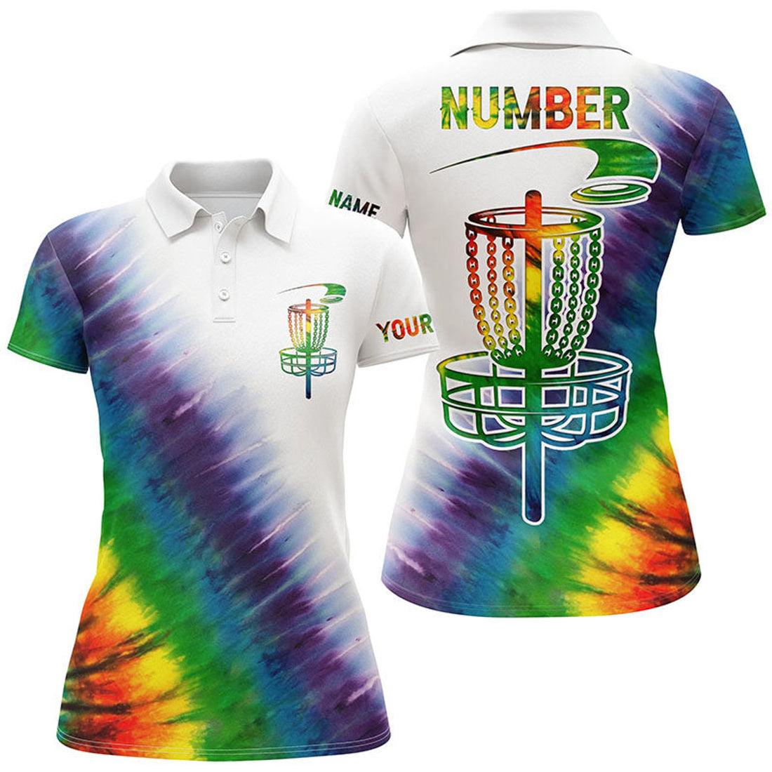 Custom Womens Disc Golf Polo Shirts With Colorful Rainbow Tie Die Disc Golf Basket Custom Disc Golf Apparel